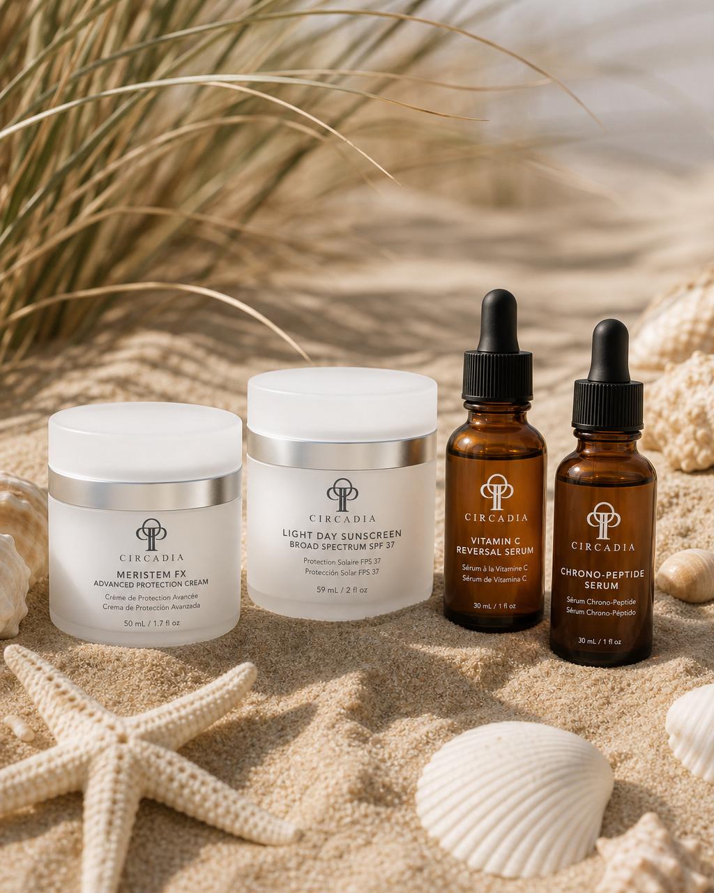 Circadia skincare arranged on warm natural textures