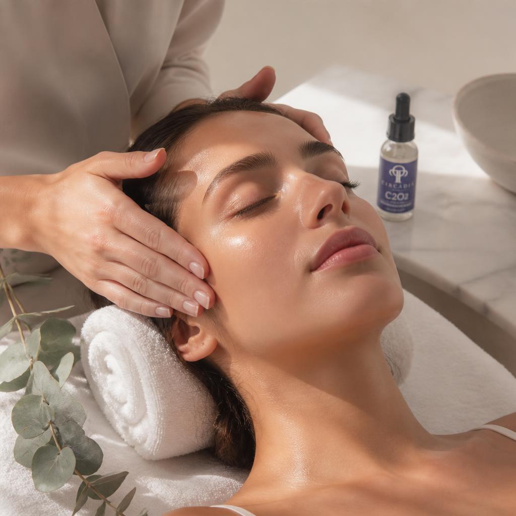 Aesthetic facial treatment in a serene luxury spa setting with soft natural light and eucalyptus accents
